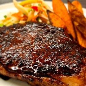 Teriyaki Steaks with Fennel Slaw and Sweet Potato Wedges