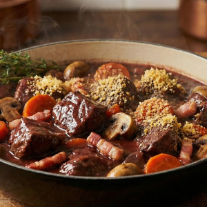 A photo of a Beef Shin Bourguignon in a dark, cast-iron casserole dish, set on the same well-worn wooden butcher’s block from the previous photos.